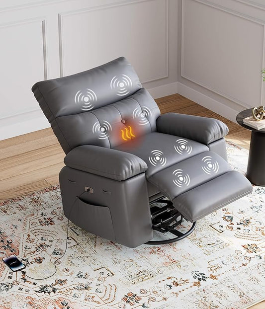 GarveeHome Oversized Power Rocker Swivel Recliner Chair - Heat and Massage, Extra Wide Electric Recliner Ergonomic PU Leather Single Sofa, Tall Back, Padded Seat, Lazy Chair for Living Room