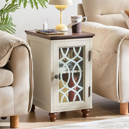 Narrow Side Table with Charging Station, Night Stand with Glass Door, Bedside End Tables with Adjustable Shelf Storage Cabinet,Wood Nightstand for Small Spaces Living Room Bedroom