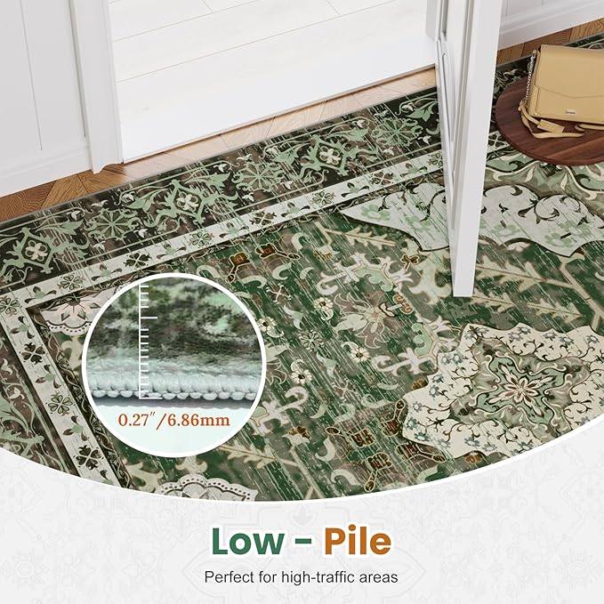 AMTOVO 6x9 Washable Area Rugs for Living Room, Non-Slip Boho Vintage Accent Medallion Print Pattern Carpet for Bedroom Dining Room Home Office Nursery Dorm Farmhouse, Dark Green