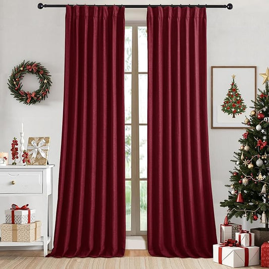 IVAPUPU Linen Pinch Pleated Blackout Curtains for Bedroom - Full Black Out Red Curtains 95 Inch Long 2 Panel for Living Room Darkening Thermal Window Curtain Drapes for Christmas Decor
