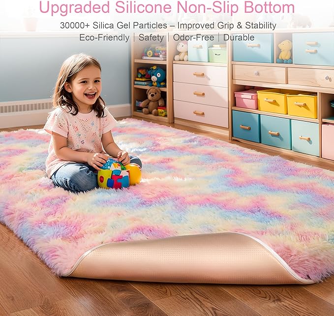 Thick Area Rug 4x6 Fluffy Shag - Rainbow Unicorn Carpet for Girls Bedroom, Soft Plush Fuzzy Pastel, Thickened Washable Non-Slip Shaggy Rug for Kids, Nursery, Living Room, Baby, Dorm