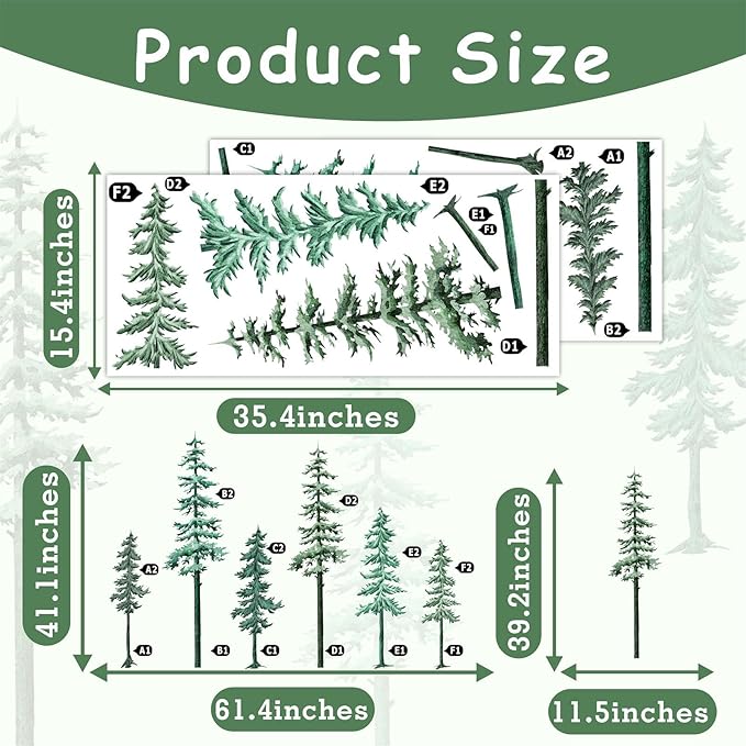 Large Pine Tree Wall Decal Big Pine Trees Wall Stickers Watercolor Green Tree Wall Sticker Winter Forest Plants Wall Decals Xmas Woodland Trees Stickers for Bedroom Nursery Living Room