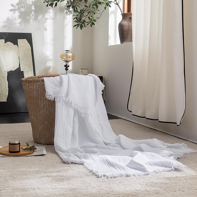 FOSSA Muslin Blanket with Fringe - 4-Layer 100% Cotton Gauze Super Soft & Breathable Throw -Lightweight Decorative Cooling Blanket for Bed, Sofa, Office -Throw XL Size 70" x 50" (Bright White)