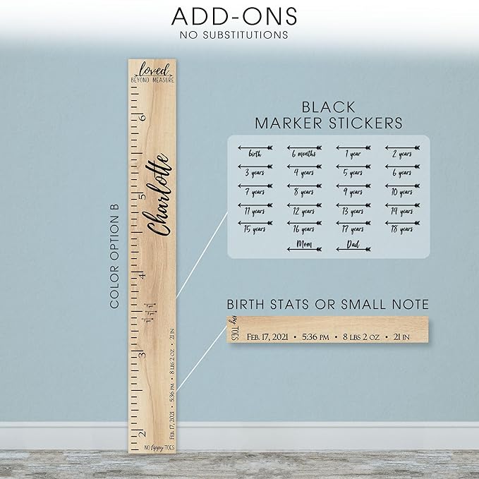 Wooden Kids Growth Height Chart Ruler for Boys and Girls Painted (The No Tippy Toes - Loved Beyond Measure) Back40Life