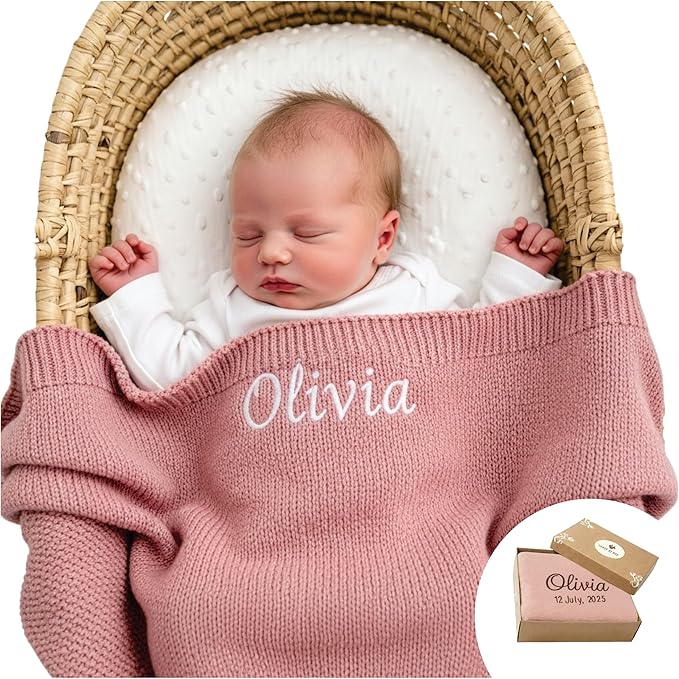 Personalized Baby Blanket - 100% GOTS Certified Organic Cotton - Custom Baby Blanket for Boys and Girls - Embroidered Swaddle, Customized Baby Name Blankets (Pink)