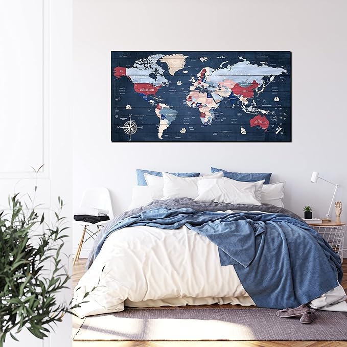 ZHAOSHOP World Maps for Wall - Blue Wall Decor for Living Room - World Map Canvas Wall Art Ready to Hang Size 59" x 29"