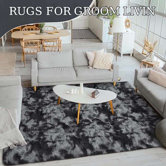 BENRON Fluffy Rugs for Living Room 5x8 Tie-dye Black, Washable Large Area Rugs for Bedroom Dining Table Office Kids Nursery Room, Washable Indoor Floor Carpets