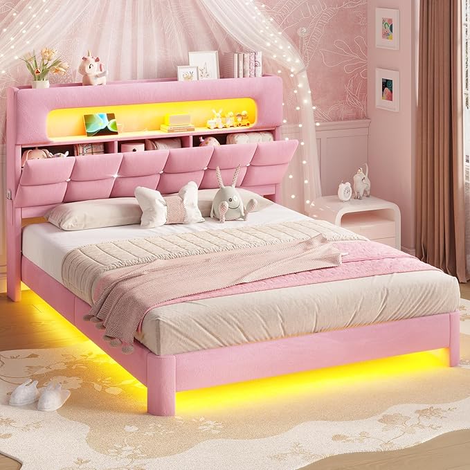MSmask Queen Upholstered LED Bed Frame with 2-Tier Storage Bookcase Headboard, Velvet Princess Bed with Crystal Button Tufted Headboard & Charging Station, Girls Platform Bed, Curved Legs, Pink
