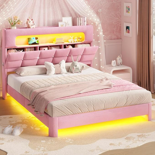 MSmask Queen Upholstered LED Bed Frame with 2-Tier Storage Bookcase Headboard, Velvet Princess Bed with Crystal Button Tufted Headboard & Charging Station, Girls Platform Bed, Curved Legs, Pink