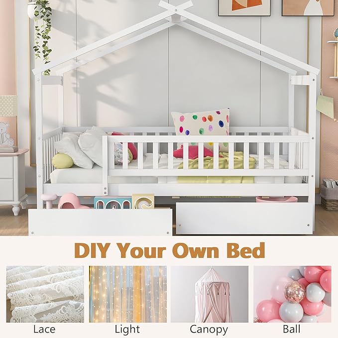 Aoowow Twin Size House Bed with Storage Drawers,Kids Wooden Bed Frame Twin House Bed with Slats and Fence for Boys Girls Teens for Bedroom(White)
