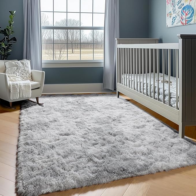 ONASAR 6x9 Area Rugs for Living Room, Large Tie-Dyed Light Grey Fluffy Shag Rug for Bedroom, Washable Ultra Soft Plush Floor Big Indoor Carpet for Baby Kids Girls Boys Teen Dorm Nursery Home Decor