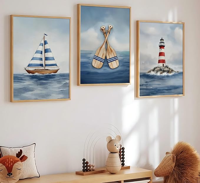 SEINEMBSC Blue Nautical Nursery Wall Art Vintage Sailboat Lighthouse Pictures Wall Decor Boy Coastal Posters Navy Sea Ocean Canvas Print Artwork for Kids Boys Room Playroom Bedroom Decor, Unframed