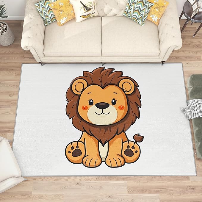 Lion Rug for Nursery - 5x8 Rug - Lion Rug - Cute Cartoon Zoo Animal Area Rug - Kids Baby Nursery Rugs - Kawaii Safari Playroom Carpet - Home Decor