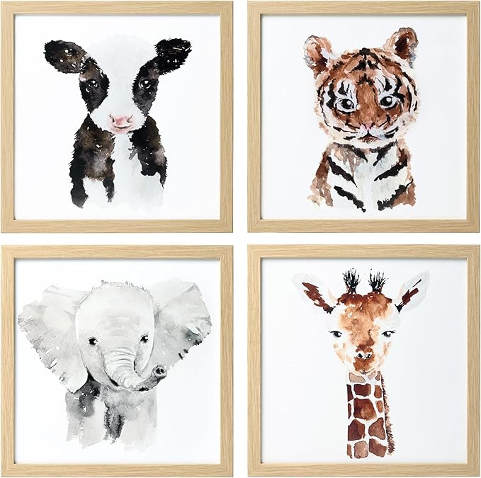 ArtbyHannah Framed Safari Nursery Wall Decor, 10x10 inch Cute Baby Wall Art Room Decor for Kids, Jungle Animals Prints for Playroom Bedroom Decorations 4 Pack (Elephant, Giraffe, Tiger and Cow)