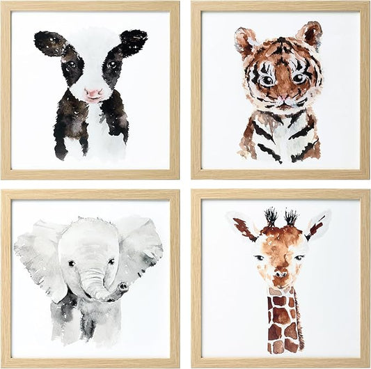 ArtbyHannah Framed Safari Nursery Wall Decor, 10x10 inch Cute Baby Wall Art Room Decor for Kids, Jungle Animals Prints for Playroom Bedroom Decorations 4 Pack (Elephant, Giraffe, Tiger and Cow)