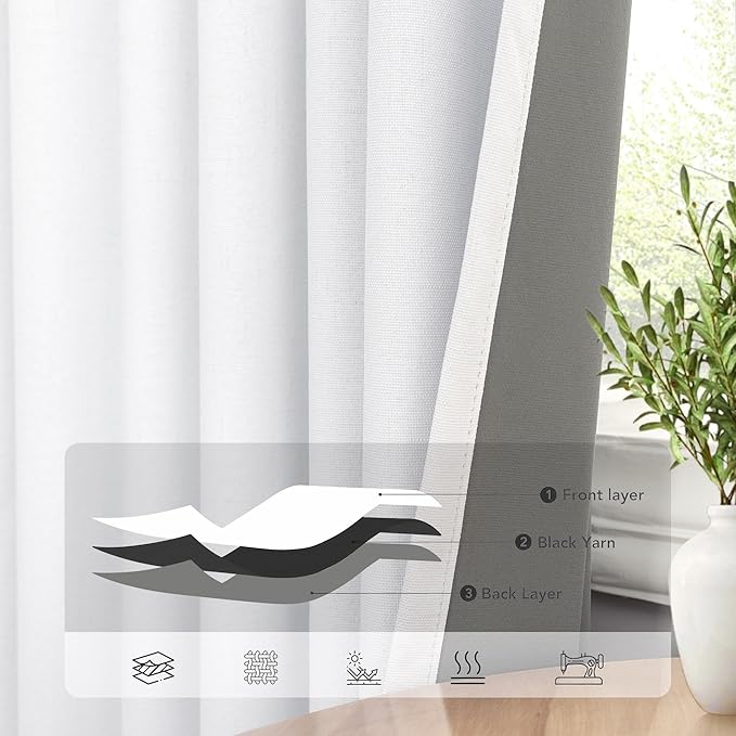Elegant Curtains for Living Room 102 Inch Long Faux Linen Back Tab Rod Pocket Full Blackout Viral Curtains for Sliding Glass Door Nursery Thermal Curtains for Summer Heat 52x102 Length 2 Panels White