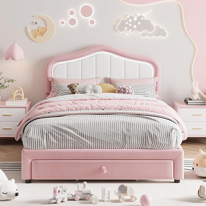 Full Upholstered Bed Frame With Storage Drawer and Smart Led Headboard, Princess Full Size Platform Bed Frames for Kids/Girls, Wooden Slats Support, No Box Spring Needed, Easy Assembly, Pink