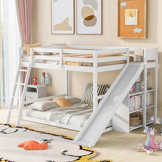 Full Over Full Bunk Bed with Ladder, Wooden Bunk Bed Frame with Slide and Shelves, Low Bunk Bed for Kids Teens Adult, Space-Saving Bedroom Dormitory Furniture (White + Pine-05)