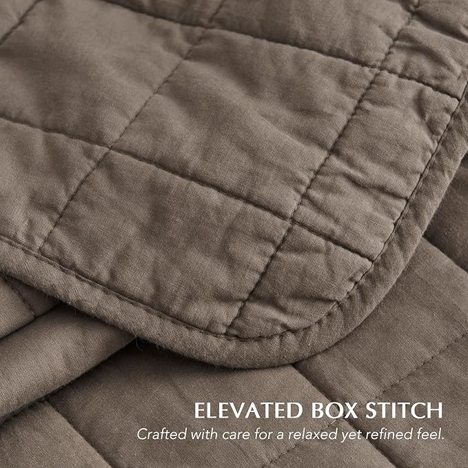 EVERGRACEHOME 100% Cotton Box Stitch Quilt Bedding Set King Size 3 Pieces, Garment-Washed Lightweight Soft Cozy Coverlet, Oversized Quilted Bedspread Sets with 2 Shams for All Season, Mocha Brown