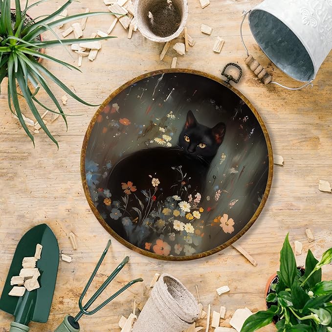 Hiuwevt Vintage Moody Floral Black Cat Round Wall Art Decor, Dark Cottagecore Floral Framed Canvas Prints, Rustic Black Kitty Round Wall Hanging Decor for Home Bedroom Decorations, 10x10 Inches