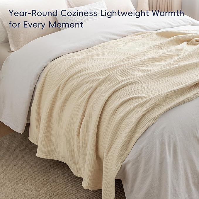 PHF 100% Cotton Muslin Throw Blanket 50" x 60", 4-Layer Lightweight Gauze Throw, Breathable Cloud-Soft Minimalist Blanket for Bed, Couch, Camping & Baby, Beige/Short Bread, Ideal Gift