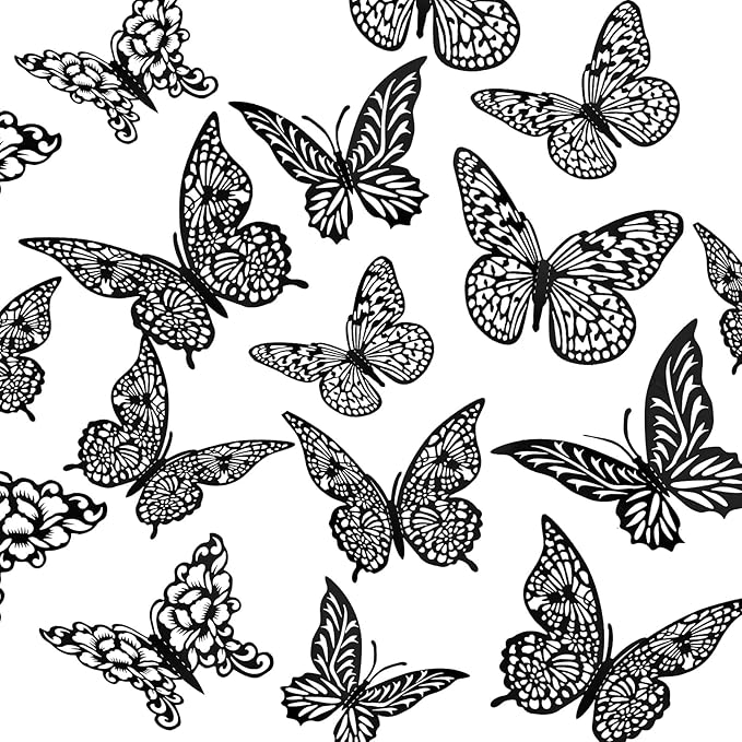 3D Butterfly Wall Decor 3 Sizes 4 Styles Butterfly Party Decorations Cake Decorations Removable Stickers Wall Halloween Decor Room Mural Metallic Kids (Black, 48Pcs)