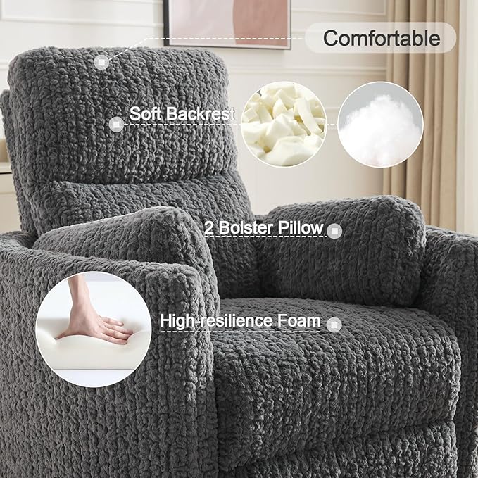 Swivel Glider Recliner, Boucle Upholstery Recliner with 2 Pillow, Nursery Glider Rocker Chair, Power Reclining Sofa Chair for Living Room/Office/Apartment/Dark Gray
