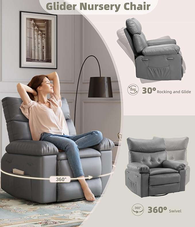 GarveeHome Oversized Wide Rocker Swivel Recliner Chair - PU Leather Manual Recliner for Adults, Large Nursery Chair Lazy Recliner with Comfort Arm and Back for Living Room, Bedroom