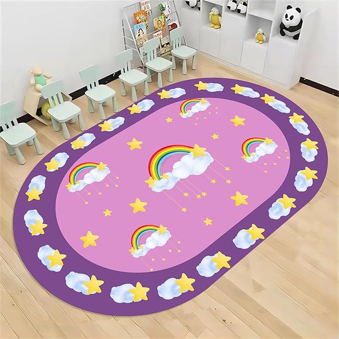 Rainbow Stars Kids Rug, 3x4ft, White Clouds Yellow Stars Pattern Oval Rug, Cute Soft Indoor Carpet for Girls Bedroom, Non-Slip Washable Low Pile Floor Mats for Classroom Nursery Playroom
