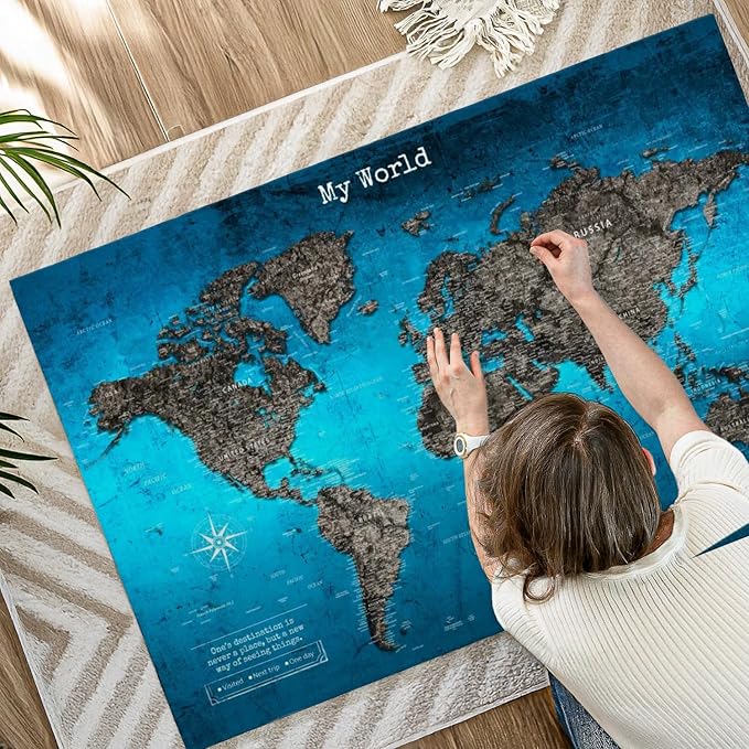 ElephantStock - My World Push Pin Travel Map Iii Wall Art - Horizontal Canvas Wall Art - Living Room Wall Decor - Digital Art Map Canvas Art - Turquoise And Blue Decor - 51" x 34"