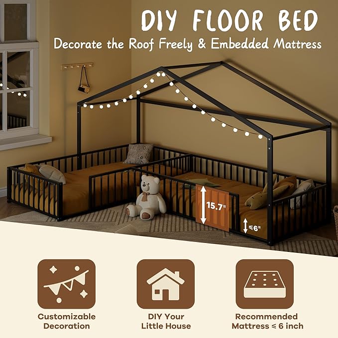 Double Twin Size L-Shaped Floor Bed,Metal Corner House Bed Frame with Fence,House-Style Floor Bed for 2 Kids,Without Slats,Black