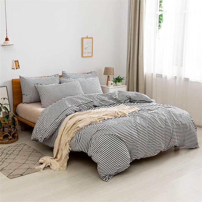 JELLYMONI 100% Natural Cotton 3pcs Striped Duvet Cover Sets,White Duvet Cover with Black Stripes Pattern Printed Comforter Cover,with Zipper Closure & Corner Ties(Full Size)