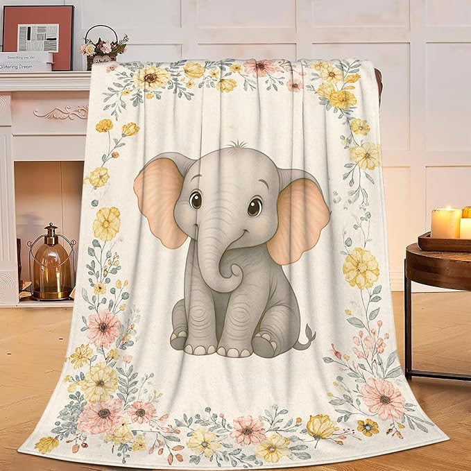 Elephant Blanket Cute Elephant Floral Throw Blanket Soft Cozy Fleece Fuzzy Plush Warm Stuff Bedding Nursery Toddler Baby Blankets Gifts for Boys Girls Kids Adult Men Women 50"X60"