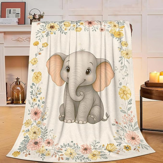 Elephant Blanket Cute Elephant Floral Throw Blanket Soft Cozy Fleece Fuzzy Plush Warm Stuff Animal Bedding Nursery Toddler Baby Blankets Gifts for Boys Girls Kids Adult Men Women 40"X50"