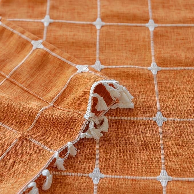 Deeprove Boho Curtains 72 Inches Long for Laundry Room Bathroom, Linen Plaids Embroidery Semi Blackout Bohemian Farmhouse Window Treatment Grids Drape Tassels, 1 Panel W52 x L72 Burnt Orange