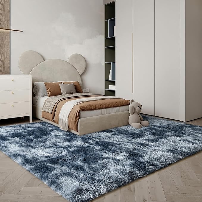 EVOIONOS Area Rug for Bedroom Living Room, Machine Washable 4x6 Fluffy Shag Rug, Soft Plush Non Slip Carpet for Indoor Floor Bedside Nursery Kids Room, Dorm, Home Decor Aesthetic, Tie-Dyed Blue Grey