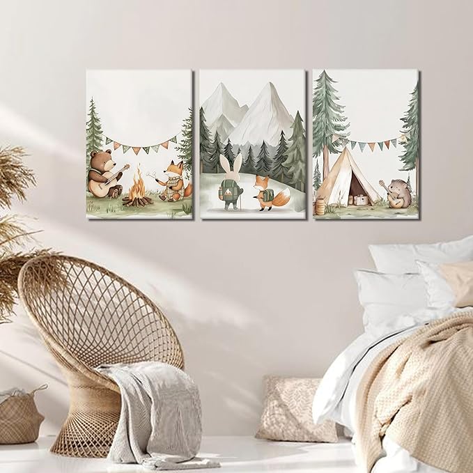 AKWISH Nursery Woodland Animals Canvas Wall Art, Cute brave Bear Fox Rabbit Hedgehog Nursery Wall Decor, Framed Wildlife Camping Picture Prints for Kids Room Baby Bedroom – 16x24in