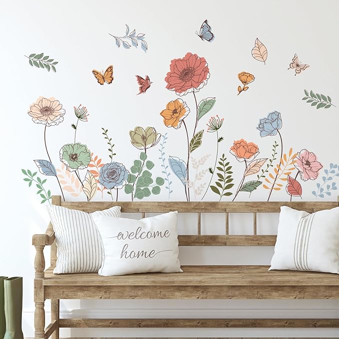 Zonon 6 Pcs Flowers Wall Decals Stickers Vinyl Removable Peel and Stick Colorful Dragonflies Floral Wall Murals Decor for Bedroom Living Room Nursery(Bohemian)