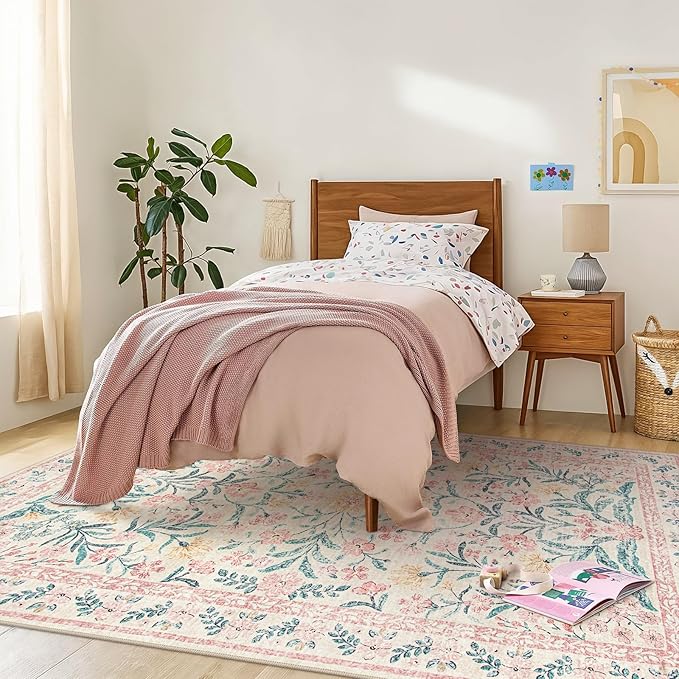 Wonnitar 8x10 Washbale Rugs for Living Room, Boho Pink Room Decor for Girls Bedroom, 8 x 10 Soft Non Slip Low Pile Indoor Floral Carpet for Kids Room Playroom Toddler Nursery