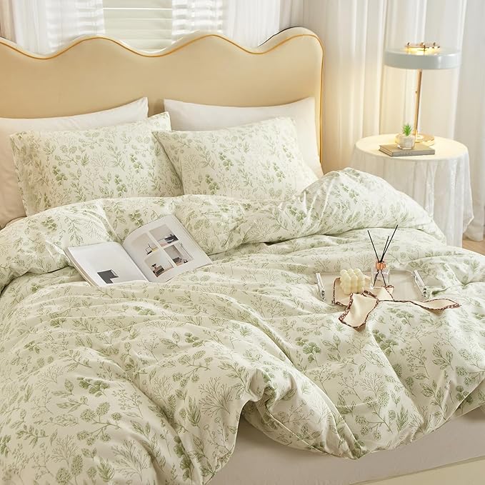 HighBuy 3 Pieces Duvet Cover King Size White Duvet Cover with Green Floral Print,Coquette Soft Cotton Comforter Cover Boho Style,Aesthetic King Bedding Set with Zipper Closure 4 Ties