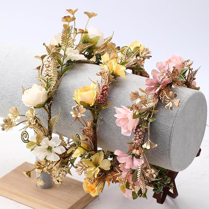 Fairy Rose Flower Crown - Golden Leaves Autumn Yellow Flower Headband Fashion Boho Bridal Floral Headpiece Women Girls Vacation Party Festival Photo Prop