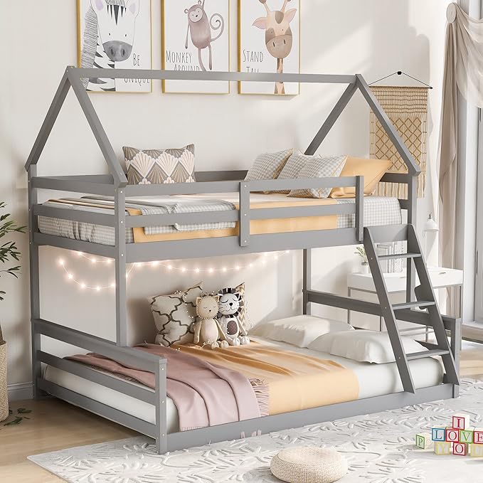 MERITLINE House Shaped Bunk Bed Twin Over Full Size Wood Bunk Bed Frame Low Bunk Beds for Kids, Twin Over Full,Grey