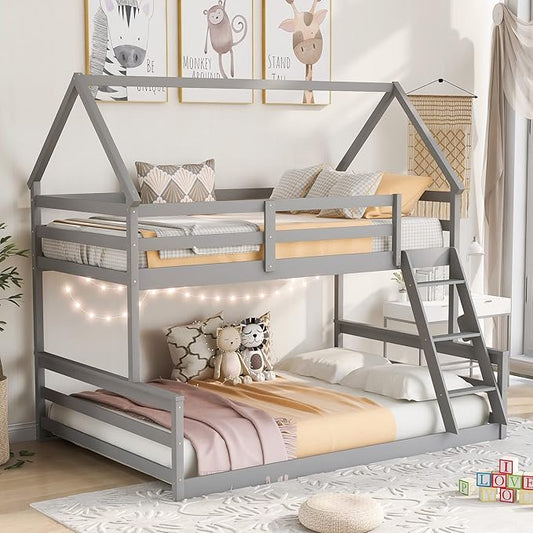 MERITLINE House Shaped Bunk Bed Twin Over Full Size Wood Bunk Bed Frame Low Bunk Beds for Kids, Twin Over Full,Grey