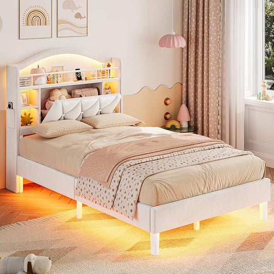 ADORNEVE Twin Size Bed Frame with LED Lights, Princess Velvet Upholstered Platform Bed for Girls, Headboard with Charging Station & Guardrail & Crystal Button, No Box Spring Needed, Beige