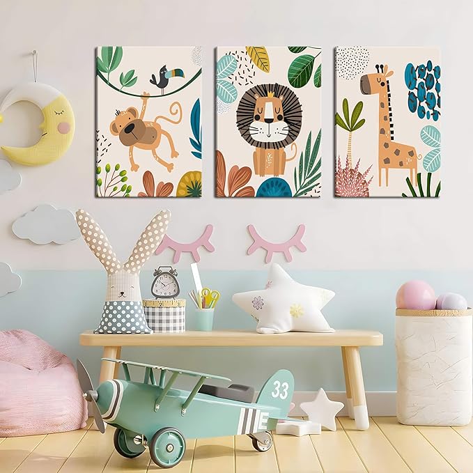 AKWISH Safari Jungle Nursery Wall Decor Set of 3 - Framed Animal Canvas Wall Art for Baby Room, Toddler Boy or Girl Bedroom, Cute Safari Themed Baby Nursery Decor 16x24in