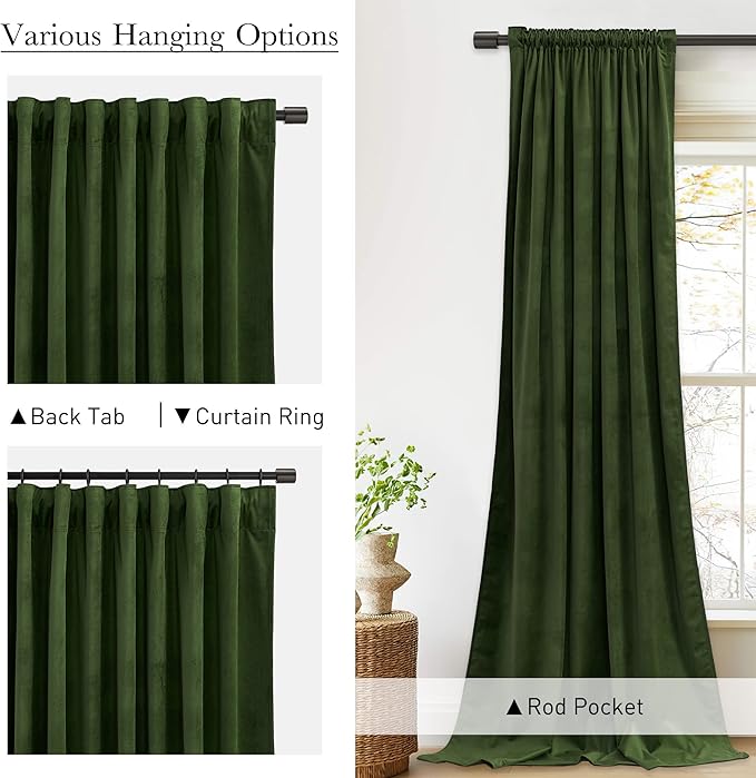 StangH Moss Green Velvet Curtains 84 inches Long, Back Tab Room Darkening Window Treatment Super Soft Thick Heavy Drapes for Bedroom Office, W52 x L84, 2 Panels