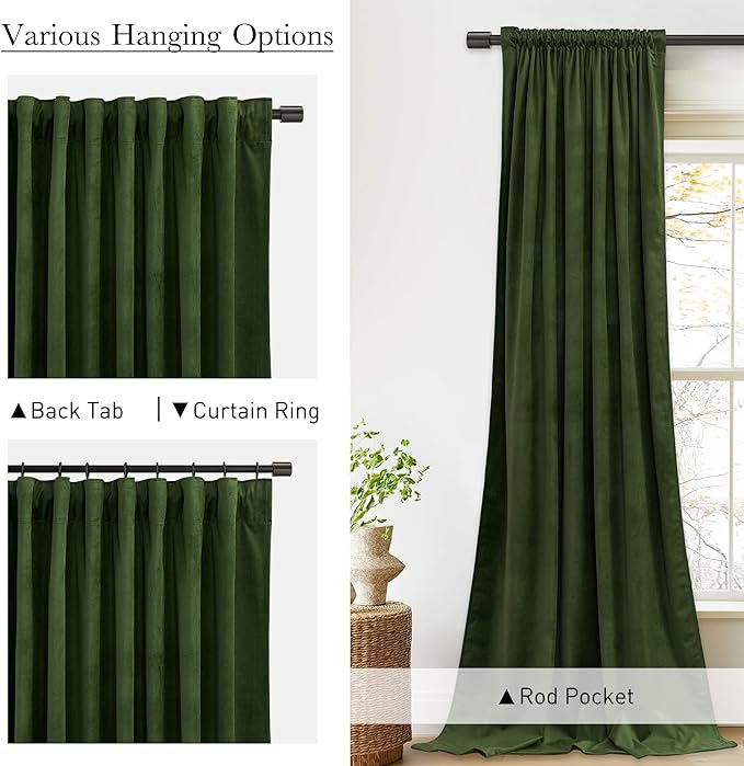 StangH Moss Velvet Curtains 96 inches for Living Room, Luxury Holiday Decor Green Light Blocking Noise Reducing Drapes for Nursery Bedroom, W52 x L96, 2 Panels