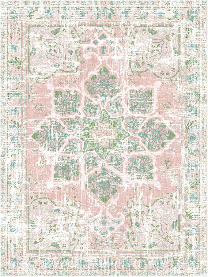 Vhong Boho Area Rugs Vintage Washable Neutral Modern Dusty Pink and Green 4x6 Non Slip Carpet for Nursery Living Room Dining Room Bedroom Farmhouse Girls'Room
