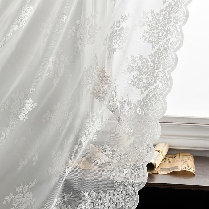 Kotile Ivory Lace Curtains 92 Inch Length, W52 x L92 Inch, 2 Panels, Country Rustic Floral Sheer Lace Curtains for Bedroom, Rod Pocket Light Filtering Privacy Cottagecore Vintage Window Sheer Curtain