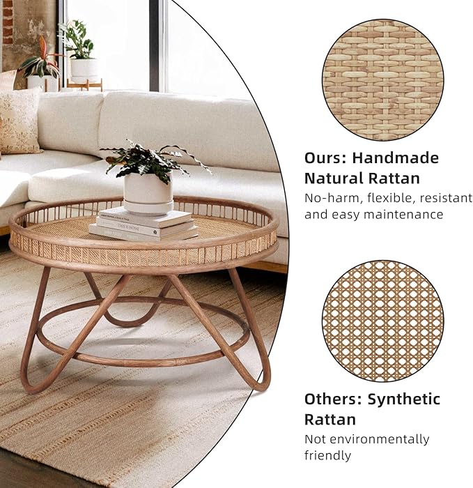 FINECASA Boho Rattan Coffee Table Round, Handwoven Modern Style Round Wicker Coffee Table for Living Room,32x18 '' Brown